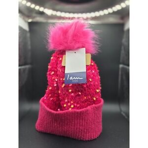 NWT I Am Kids Pink Glitter Beanie With Faux Fur By We Care